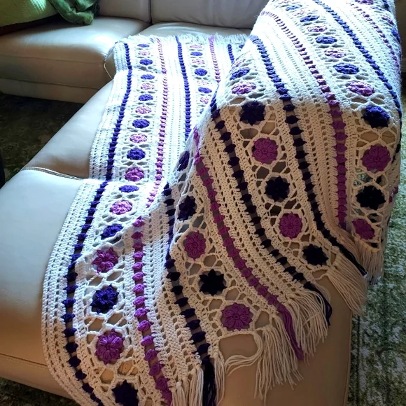 Hand Crocheted Blanket: Purple on White background:Size 105" x 68" approx - Picture 7 of 11